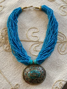 PERU 90er Jahre imposante Halskette Kette Amulett Perlen Handmade blau türkis - Bild 1 von 11