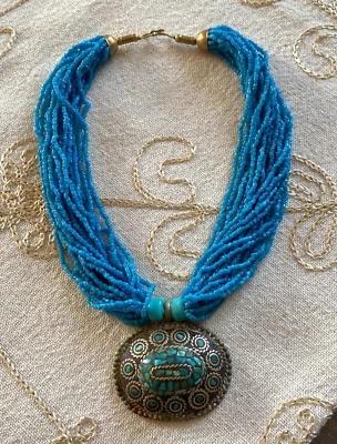 PERU 90er Jahre imposante Halskette Kette Amulett Perlen Handmade blau türkis - Bild 1 von 4