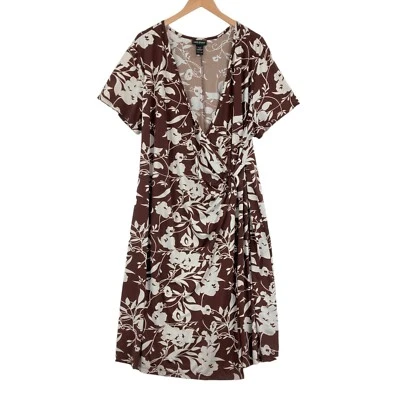 Lane Bryant Shift Dress Womens Brown White Floral Knit Asymmetrical V Neck 22/24 - Image 1 of 4