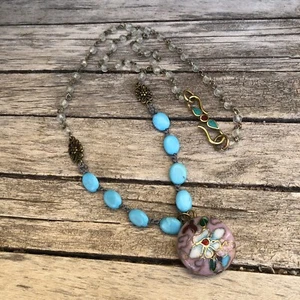 Necklace Blue Stone Beaded Cloisonné Pendant Crochet Artisan 22” - Picture 1 of 4