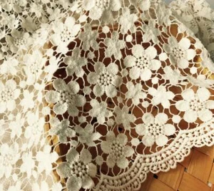 Vintage Beige Cotton Guipure Fabric Hollowed Flower Crochet Lace Fabric - Picture 1 of 6