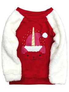 Girls Fuzzy Red & Unicorn Kitty Cat Holiday Sweatshirt - Picture 1 of 1