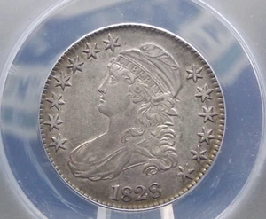 Medio dólar busto tapado 1828 *base cuadrada 2* mediano 8 50c ANACS AU50 detalles #219 - Imagen 1 de 5
