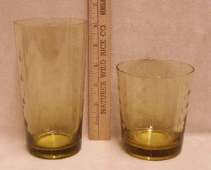 Pair Amber Glass Etched Dot & Line Pattern Glasses Cups 1 Tall & 1 Short Tumbler - Picture 1 of 1