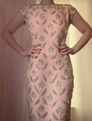 1950s 60s Gene Shelly Vintage Beaded Light Pink Wool Pinup Bombshell Dress - Image 1 of 4