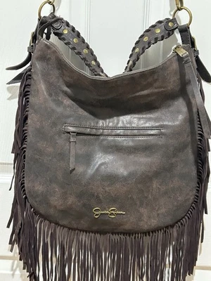Jessica Simpson Leather Fringe Handbag Crossbody Satchel Brown Cowboy Carter - Image 1 of 4
