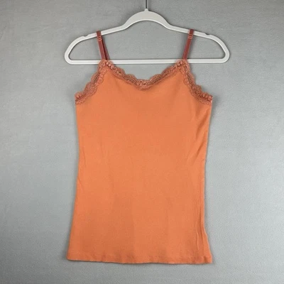 Faded Glory 90s Y2K Ribbed Lace Trim Cami Tank Top Womens M Peachy Orange Fairy - Image 1 of 4