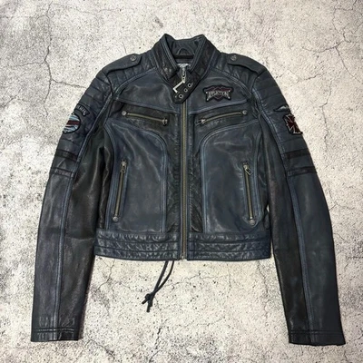 Affliction Leather Jacket Vintage Finish M Pacific Blue Lace-up Limited Used - Image 1 of 4