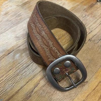 "Cinturón de cuero vintage Lucky Brand para mujer marrón flor plata hebilla 37"" de largo" Foto 1 de 4