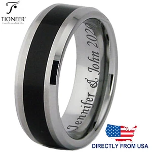 Anillo de boda con incrustación de tira de resina negra carburo de tungsteno para hombre 8 mm grabado gratuito - Imagen 1 de 4