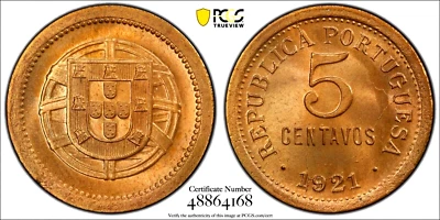 1921 Portugal 5 Centavos, PCGS MS 65 Red, KM-570, Attractive - Image 1 of 2