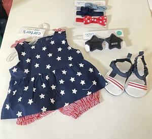 Carter's Baby Girl Patriotic Outfit Bundle includes Shoes and Accessories 7Pc. - Picture 1 of 12