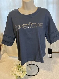 Bebe sport boxy sequin t shirt women SZ M Gray perforated sleeve NWT - Picture 1 of 5