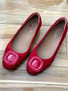 Clarks Shoes Womens 4 Ballet Flats Red Suede Leather Ballerina Pumps Slip On - Picture 1 of 10