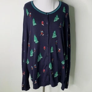 Talbots Women's Blue Knit Sweater Cardigan Beaded Skier Christmas Tree Size 2XP - Picture 1 of 10