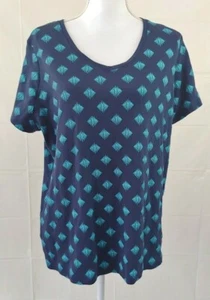 Falls Creek Womens Top 1X Short Sleeve V Neck Blue T Shirt Cotton Geometric - Picture 1 of 5
