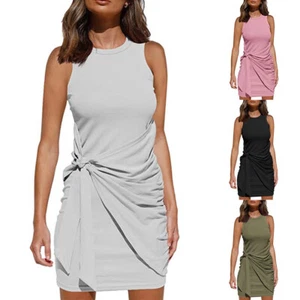 Womens Bodycon Short Mini Dresses Summer Casual V Neck Ruched Sleeveless Tank * - Picture 1 of 19