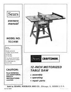 Owner's Manual & Parts List for Sears Craftsman 12” Table Saw - Model 113.24181 - Picture 1 of 4