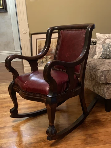Mahogany Empire Carved Claw Foot Leather Rocking Chair Freshly Restored Cover