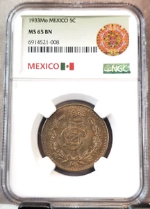 1933 MEXICO 5 CENTAVOS NGC MS 65 BN RARE BEAUTIFUL GEM TOP POP - Picture 1 of 3