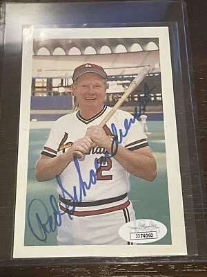 Red Schoendienst Signed Post Card Size JSA Auto Cardinals - Image 1 of 3