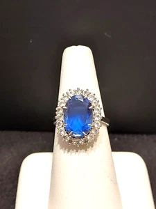 Vintage Sterling ROYAL DREAMS Sapphire w/CZ Halo Cocktail Ring Sz 8 & 5 Gm R577 - Picture 1 of 6