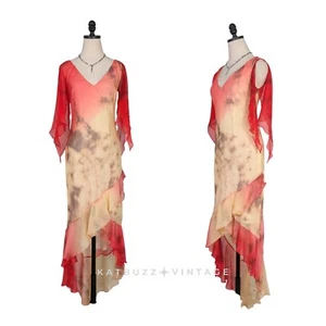 Vintage Silk Prom Dress Maxi Gown 10 Orange Yellow Y2K Fairy Bead Floral Ombre - Picture 1 of 12