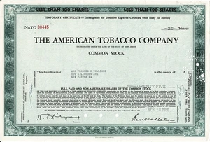 American Tobacco Co. certificado de stock temporal 25 acciones 1960 - Imagen 1 de 2