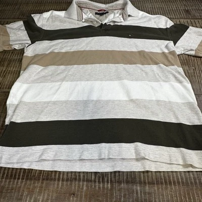 Pulôver polo masculino Tommy Hilfiger bege marrom 2XL rugby listras vintage algodão - Imagem 1 de 4