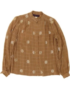 VINTAGE Womens Shirt Blouse UK 12 Medium Brown Check Silk AZ06 - Picture 1 of 3