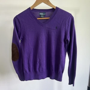 Polo Ralph Lauren V-neck Sweater Leather elbow patches Boys Sz Medium 10-12 Vtg - Picture 1 of 6