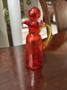 Amberina Art Glass Crackle Glass Orange & Yellow Gradient Decanter With Stopper - Picture 1 of 7