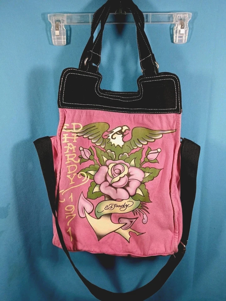 Ed Hardy  Tote Bag Canvas  Purse Hot Pink & Black Crossbody w / Double Handles   - Image 1 of 4