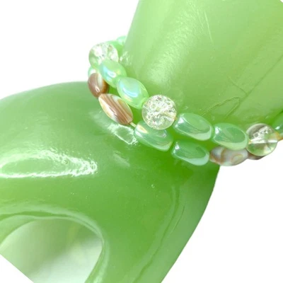 Lot of 2 Jade Green Glass Bead Stretch Bracelets Brown Agate Boho Women Gift - Image 1 of 4