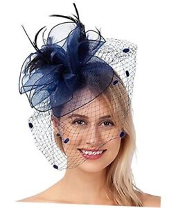 Fascinators for Women Tea Party Hat Birdcage Veil Feather Flower 3-navy Blue
