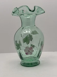 Vintage Fenton Teal Green Ruffled Edge 8" Art Glass Vase Hand Painted Signed - Picture 1 of 10