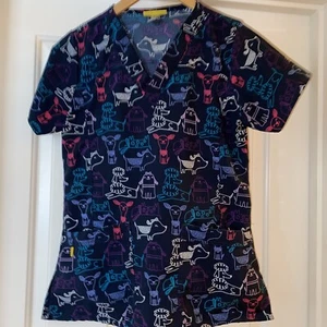 WonderWink V Neck 3 Pocket Dog Print Navy Scrub Women's XS - Picture 1 of 7