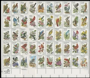 1982, US STATE BIRDS AND FLOWERS, COMPLETE PANE OF 50, PRINTED ON DOUBLE PAPER - Picture 1 of 2