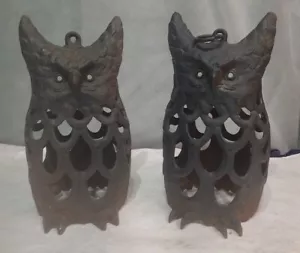 Rare PAIR SET Vintage Cast Iron Owl Candle Holder Garden Lantern Bird HALLOWEEN! - Picture 1 of 17