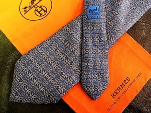 HERMES Neck tie Silk Navy Blue Logo japan seller N0114 40 Made in France - Picture 1 of 2