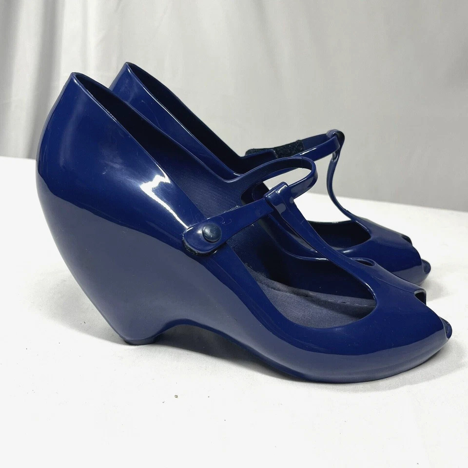 Melissa T-Strap Peep Toe Jelly Plataforma Cuñas Azul Talla 8 Años 70 80 Y2K Funky Retro Foto 1 de 4