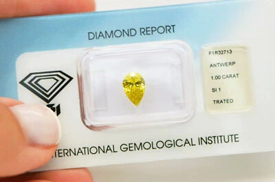 Loose Yellow Diamond Pear Shape Color Enhanced IGI Certified 1 Carat SI1 Natural - Image 1 of 4