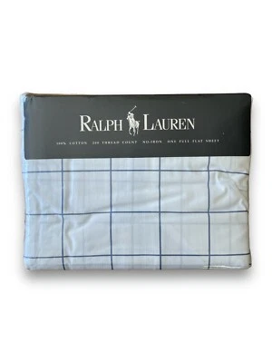 NEW Vintage 90s Ralph Lauren Latham Blue & White Plaid Full Flat Sheet Polo NOS - Image 1 of 4
