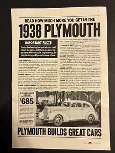Vtg 1930s AD 1938 Plymouth, PLYMOUTH BUILDS GREAT CARS! Chrysler Corp - Picture 1 of 3