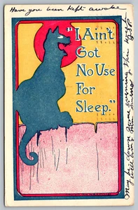 Postkarte Ich habe keine Verwendung zum Schlafen 1906 Schwarze Katze miaut Mond H.H. Chicago - Bild 1 von 2
