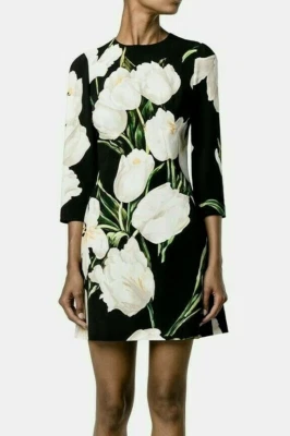 🆓US🛃  Dolce&Gabbana white tulips printed cady black dress IT 36 - Image 1 of 4