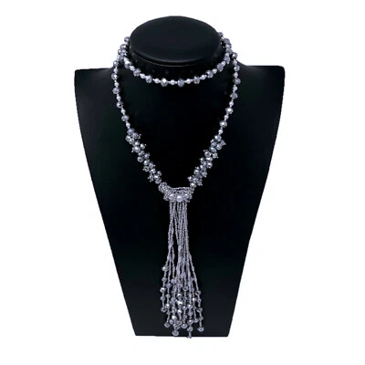 Collana Lunga Perline Donna Frange Elegante Modello Classico Brillante Argento - Immagine 1 di 2