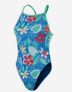 Speedo Womens Retro Floral Allover Digital Vback Swimsuit - Blue/Green - Picture 1 of 2
