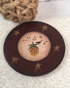 Primitive Pineapple Stars Candle Holder Plate Black Bird Grape Hand Painted 8.5” - Picture 1 of 7