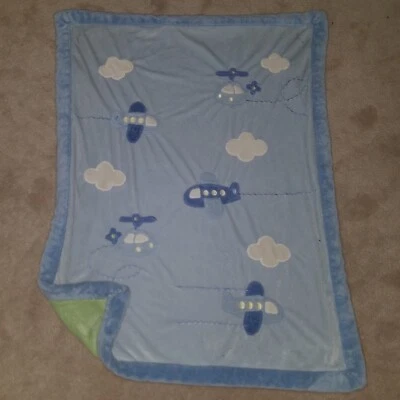 Carter's Just One Year Blue Airplanes Baby Blanket Lovey Green Helicopter Cloud - Image 1 of 4